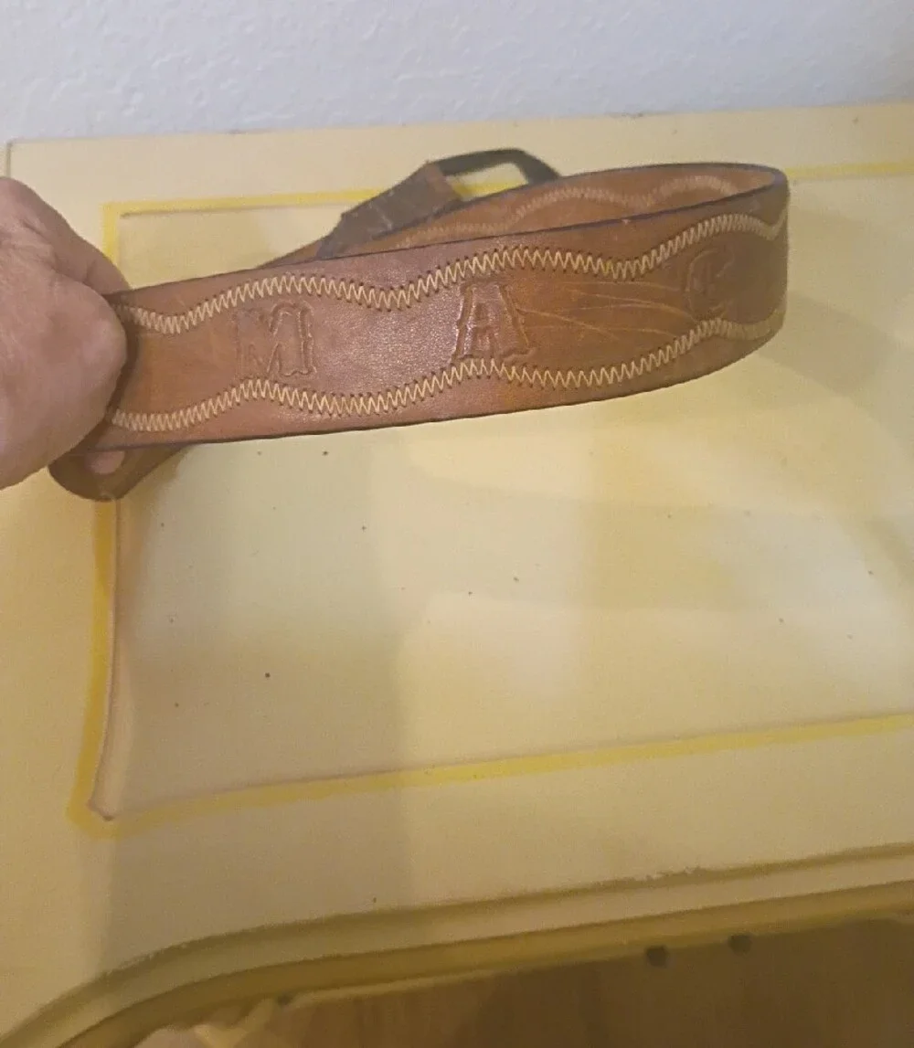 Men's Brown Leather Belt with Contrast Stitching MAC Name Engraved